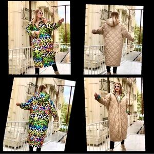 NEW double-sided OVERSIZED leopard print gold beige quilted hooded coat